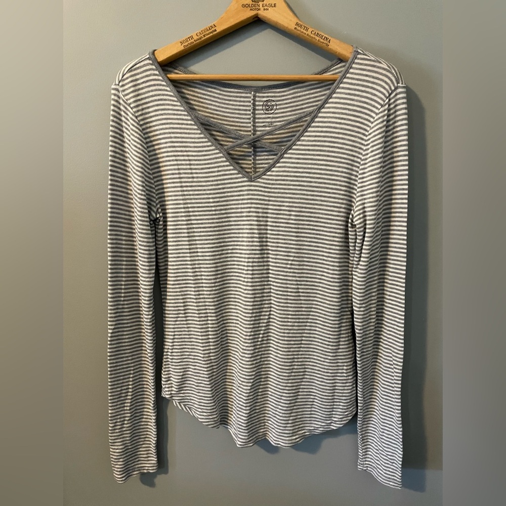 SO Light Gray & White Long Sleeve Cross Front Stripe Shirt